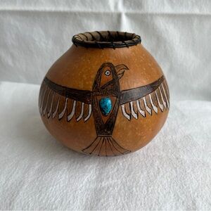Vintage Native American gourd hand-carved falcon with turquoise artist signed JK